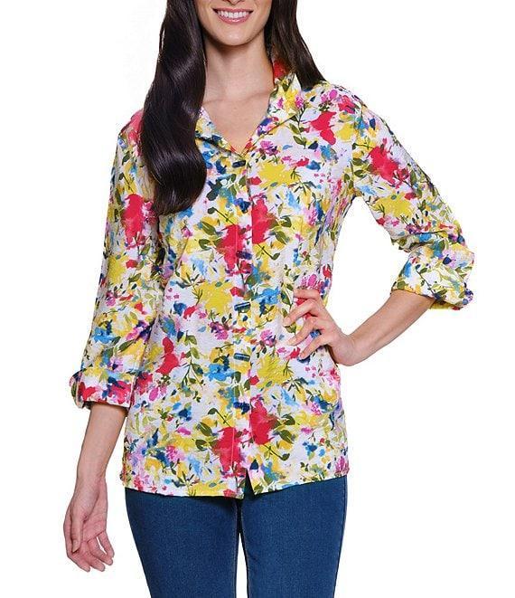 Ali Miles Petite Size Floral Printed Woven Wire Collar 3/4 Sleeve Button Front Tunic Product Image