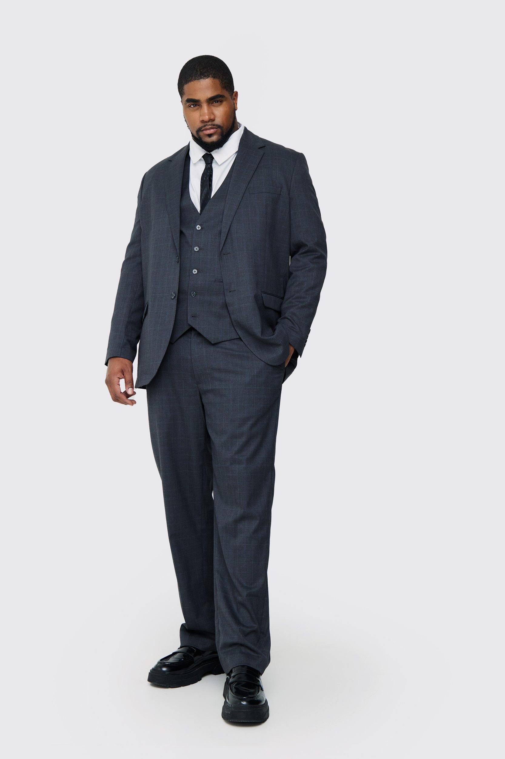Plus Charcoal Plaid Regular Fit Suit Pants | boohooMAN USA Product Image