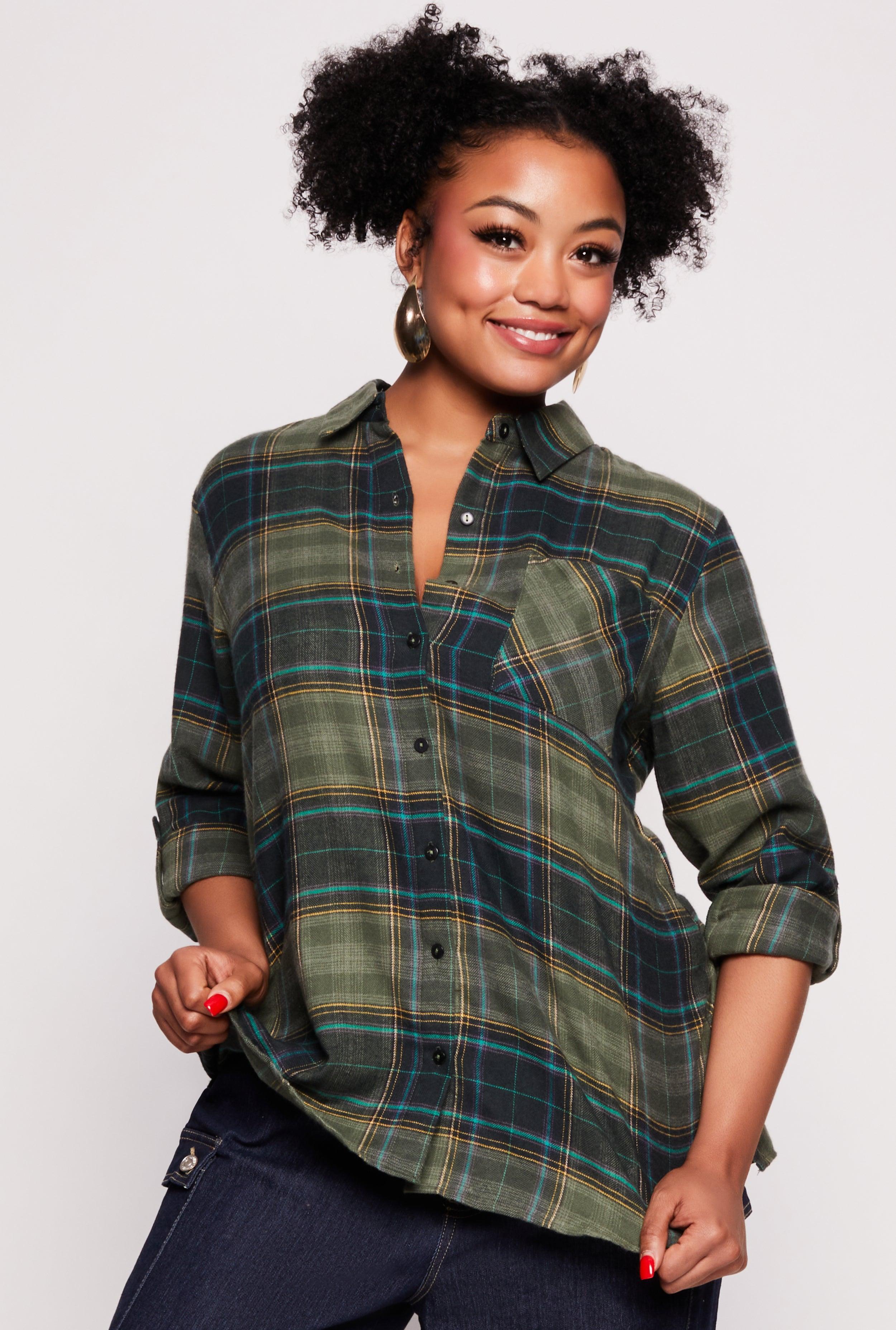 Womens Plus Size Lurex Plaid Tabbed Sleeve Shirt Product Image