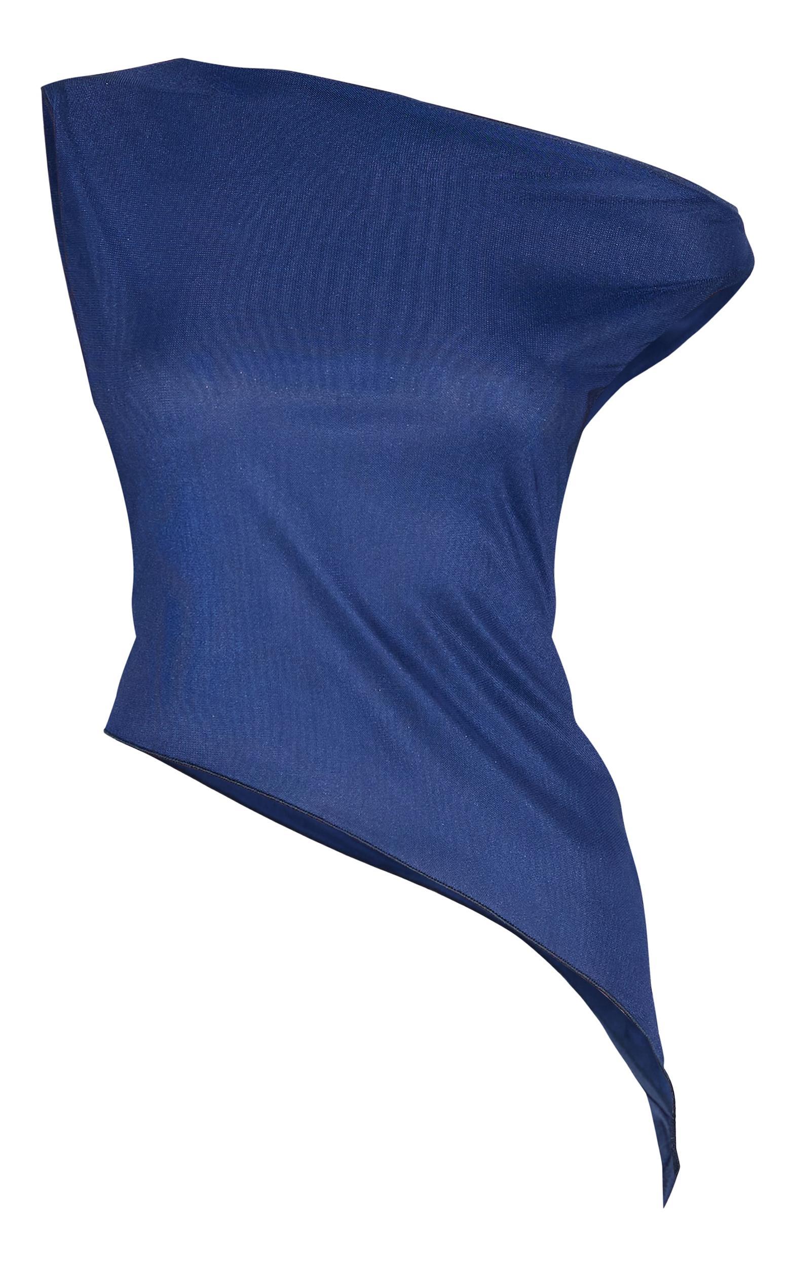 Navy Asymmetric Neck Mesh Top Product Image