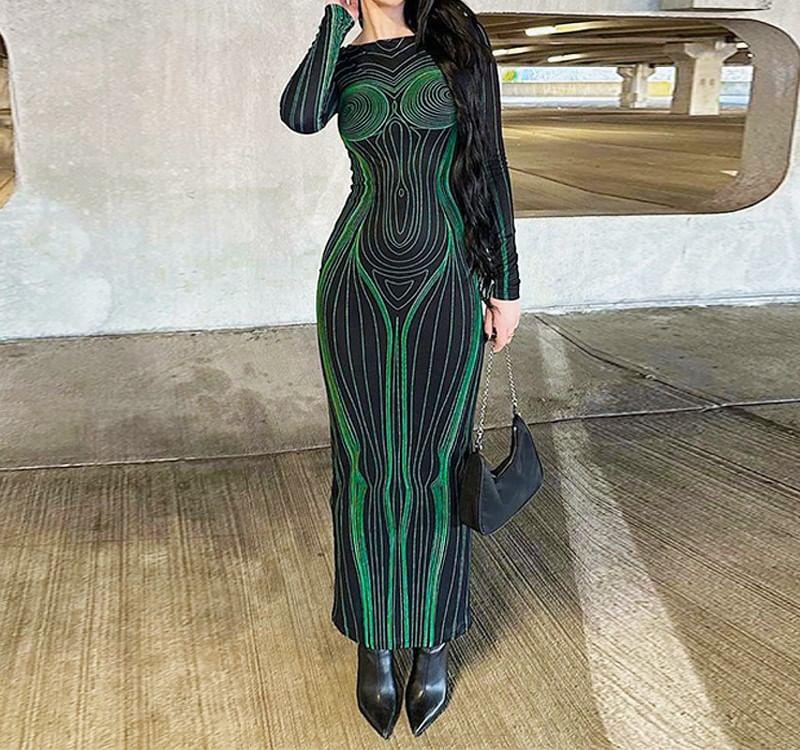 Long-Sleeve Crew Neck Print Open Back Maxi Bodycon Dress Product Image