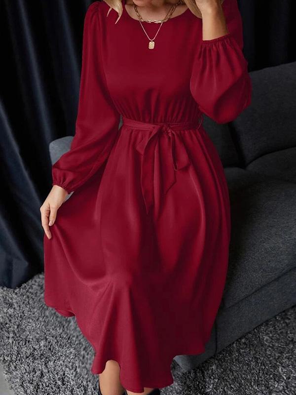 Loose Puff Sleeves Elasticity Pleated Solid Color Split-Joint Tied Waist Round-Neck Midi Dresses Product Image