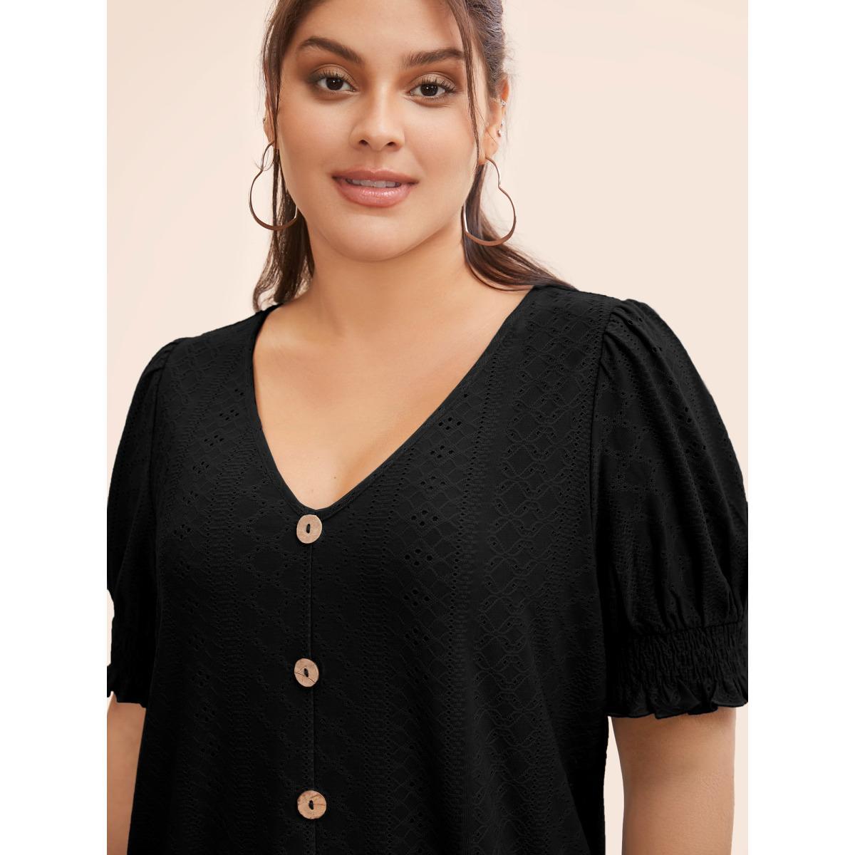 Plus Size Plain Broderie Anglaise Shirred Puff Sleeve Button Detail T-shirt Black Women Casual Button Plain V-neck Everyday T-shirts BloomChic 28/5X Product Image