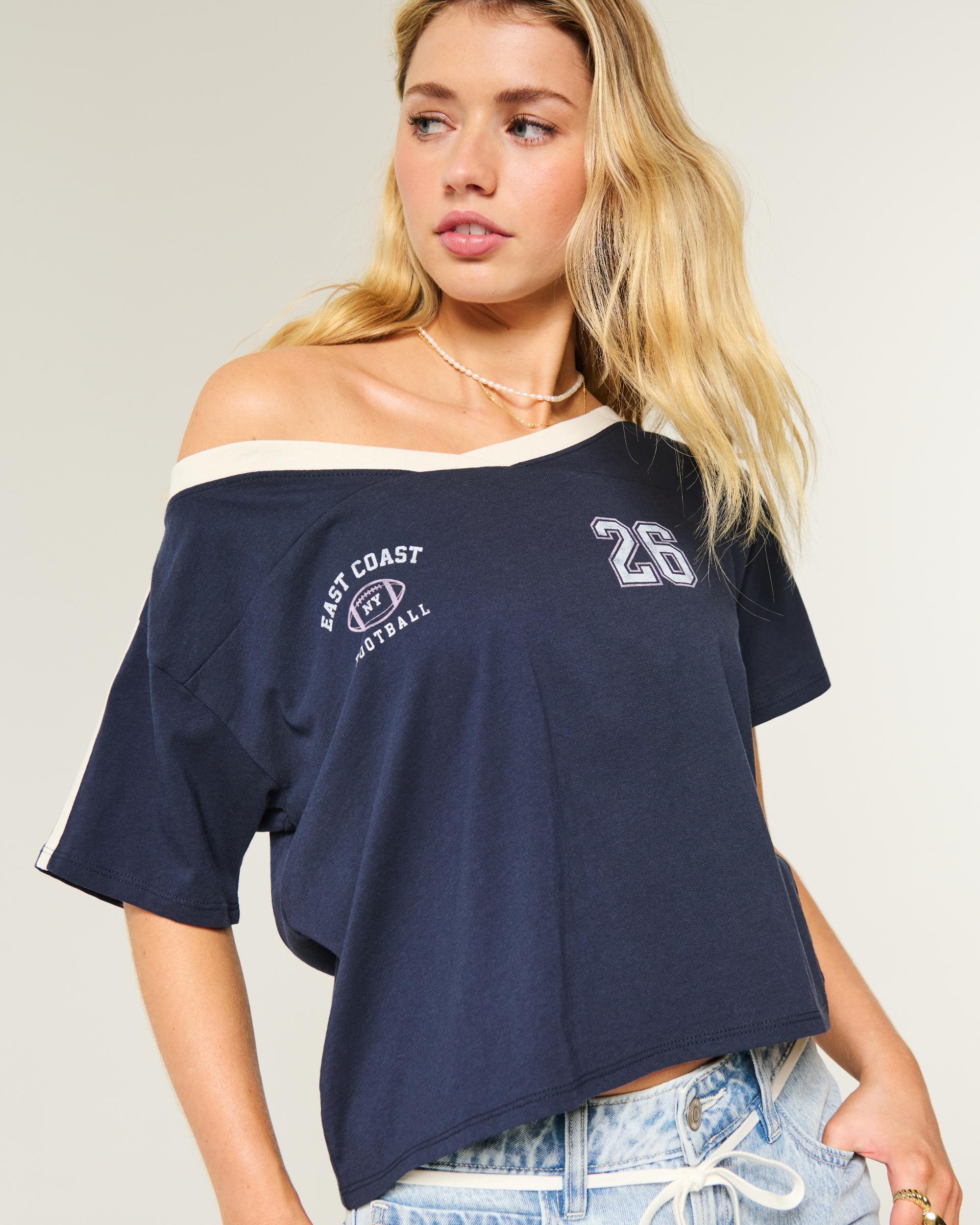 Oversized Off-the-Shoulder Varsity Floral Graphic Tee Product Image