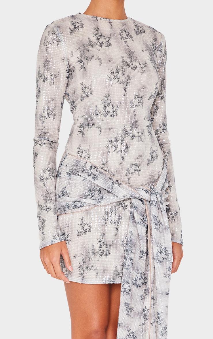 Beige Printed Textured Sequin Long Sleeve Wrap Tie Mini Dress Product Image