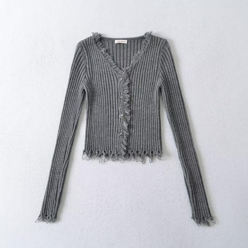 Long Sleeve V-Neck Plain Ribbed-Knit Tassel Slim-Fit Cardigan Product Image