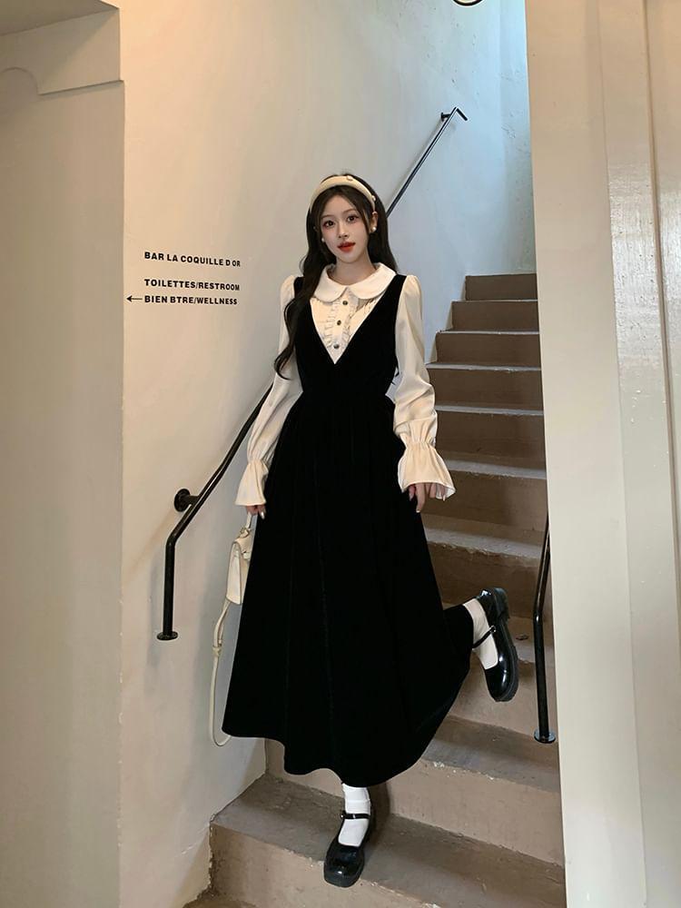 Mock Two-Piece Long-Sleeve Collar Two Tone Velvet Midi A-Line Dress Product Image