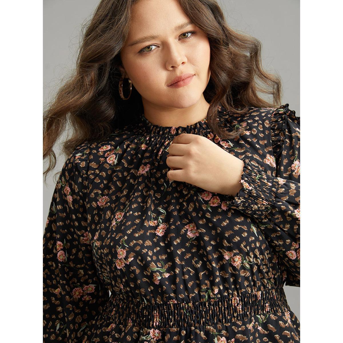 Plus Size Ditsy Floral Shirred Flutter Trim Keyhole Dress Black Women Elegant Printed Mock Neck Long Sleeve Curvy Midi Dress BloomChic 18-20/2X Product Image