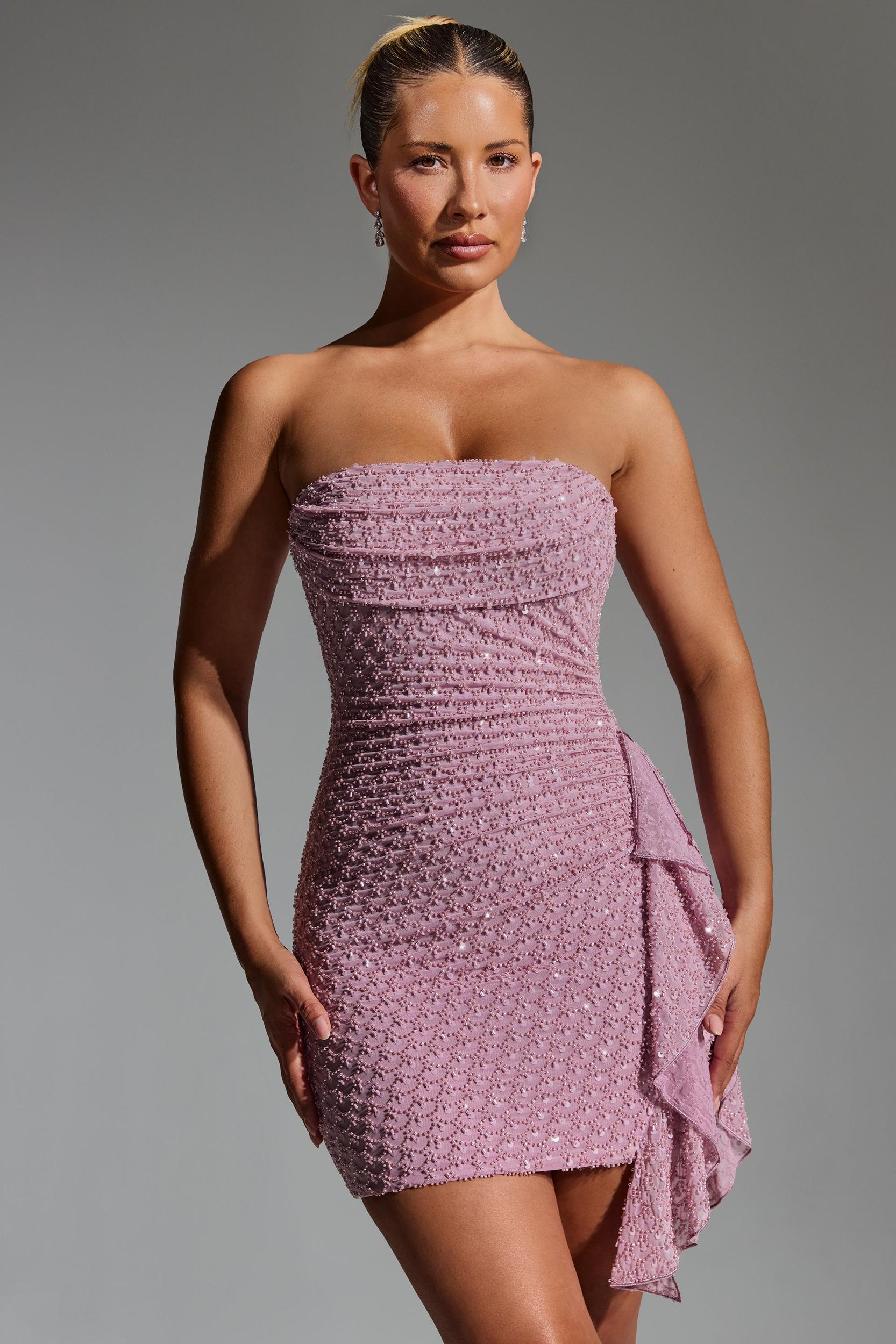 Embellished Ruffled Cowl-Neck Bandeau Mini Dress in Mauve Product Image