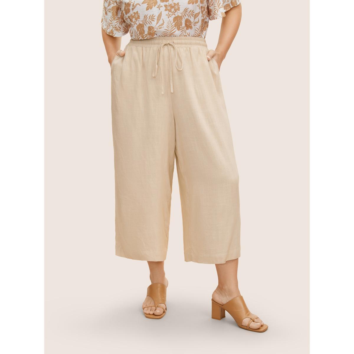 Plus Size Linen Blend Drawstring Mid Rise Wide Leg Pants Women Beige Casual Wide Leg Mid Rise Everyday Pants BloomChic 10/M Product Image
