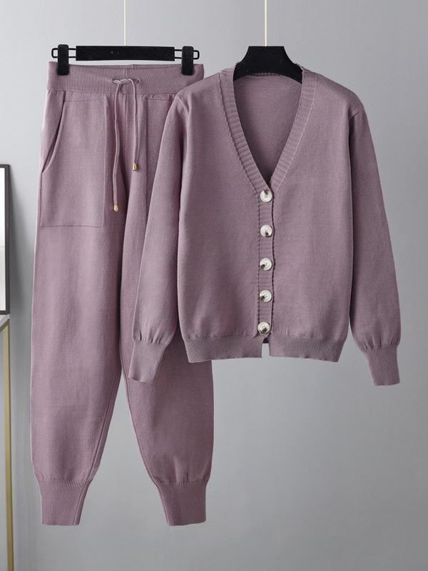 Casual Loose Solid Color V-Neck Cardigan Tops & Harem Pants Two Pieces Set Product Image