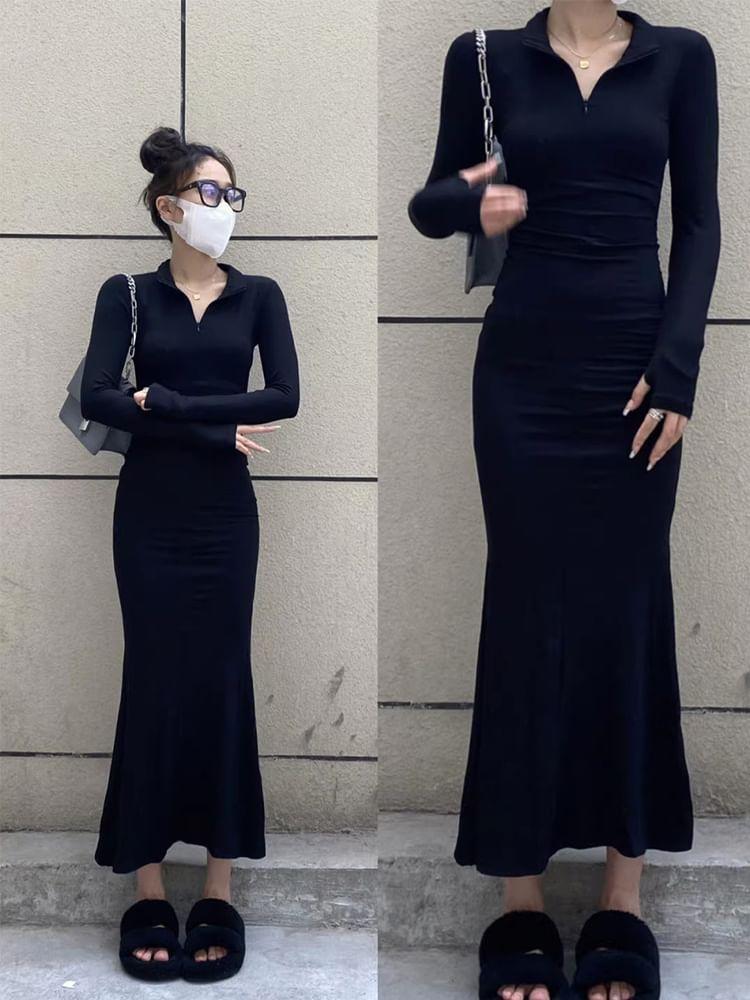 Long-Sleeve Plain Maxi Mermaid Dress Product Image