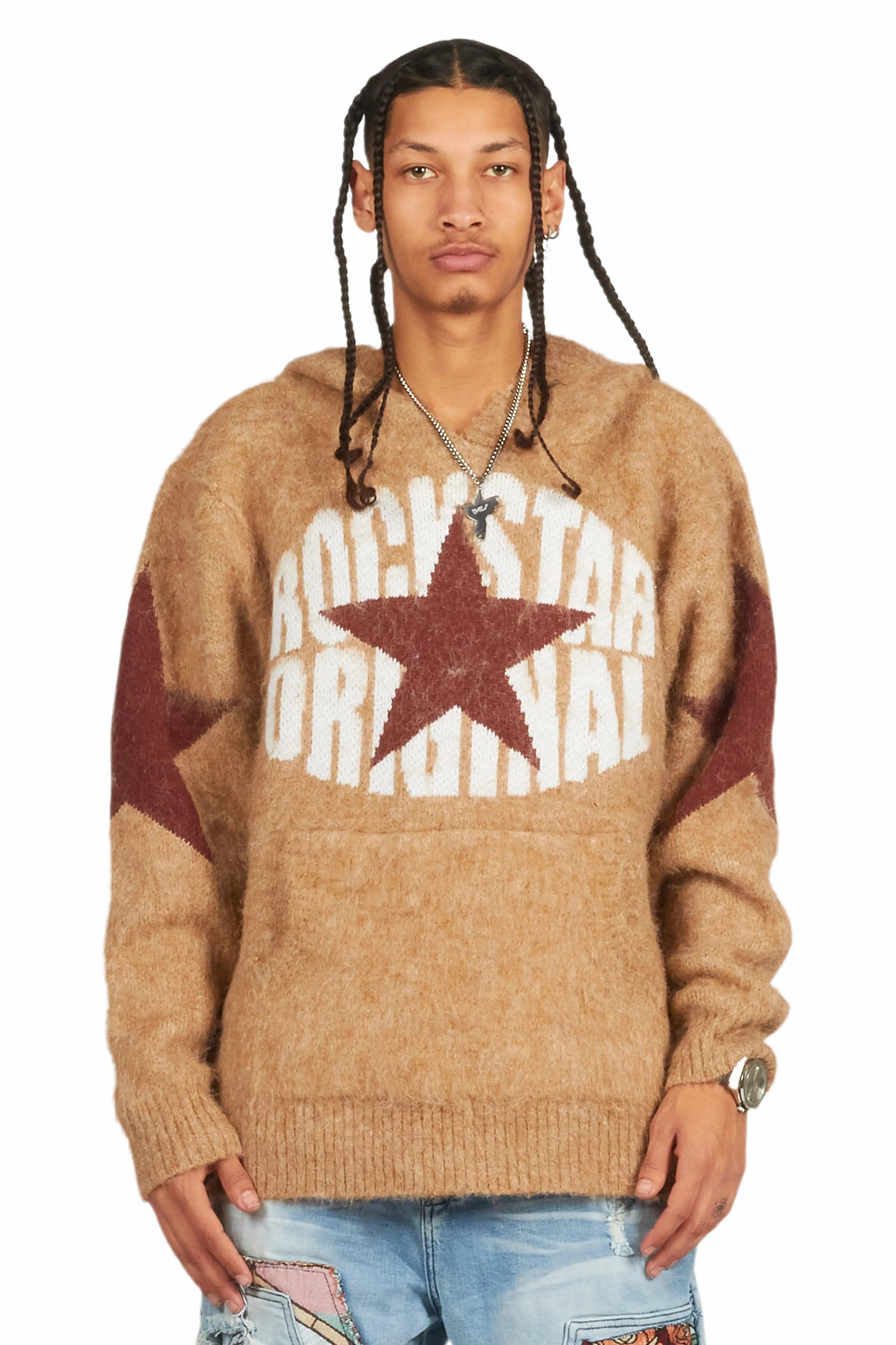 States Brown Graphic Knitted Mohair Hoodie Male Product Image