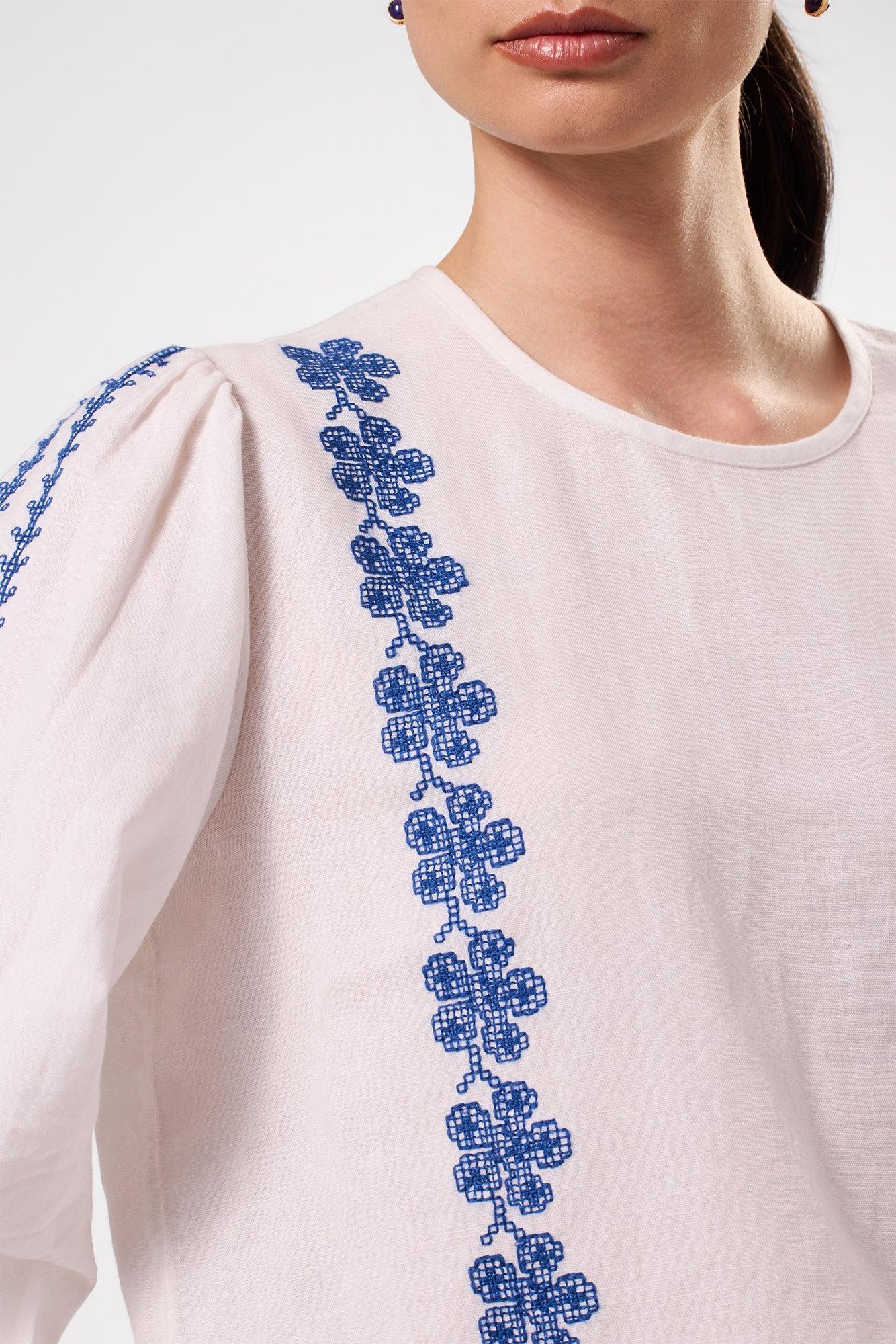 Placed Embroidery Blouse - White Cobalt Embroidery Product Image