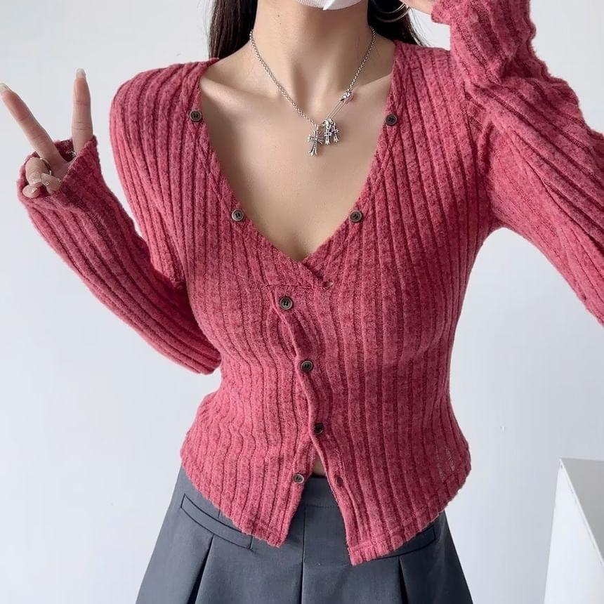 V-Neck Button-Up Plain Crop Cardigan Product Image