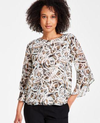 Kasper Womens Printed Ruffle-Sleeve Blouse - Sea Glass Product Image