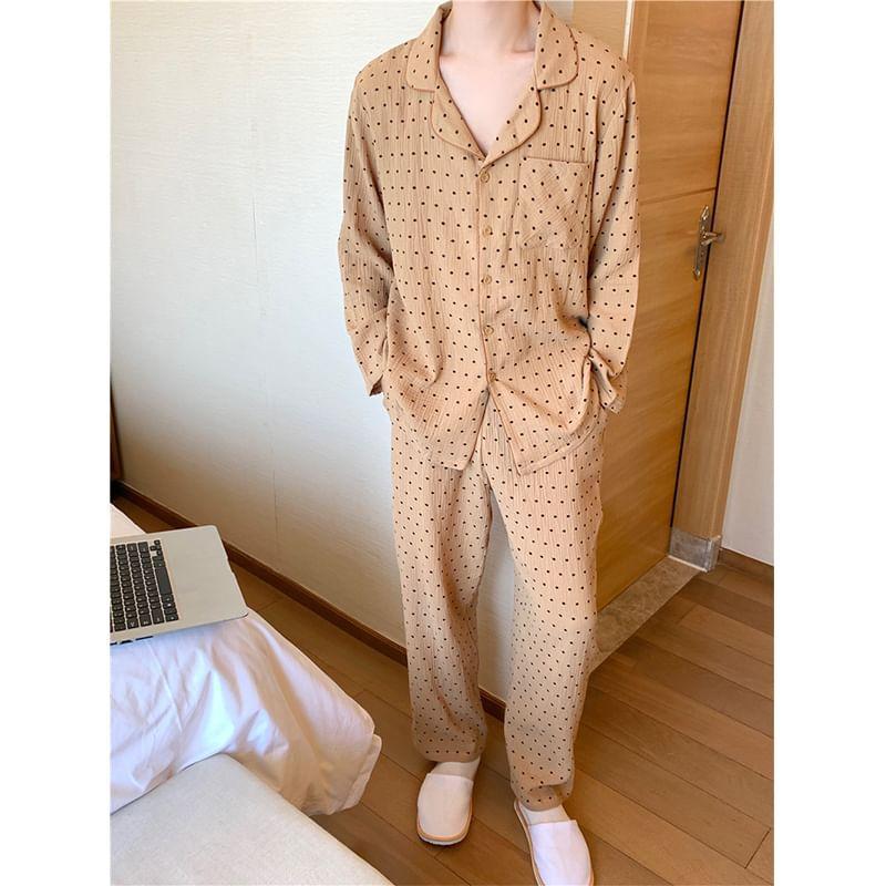 Couple Matching Dotted Pajama Shirt / Long-Sleeve Lace Trim Top / Pants / Set Product Image