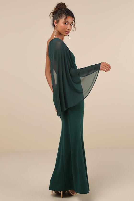 Majestic Attitude Emerald Cape Sleeve One-Shoulder Maxi Dress Product Image