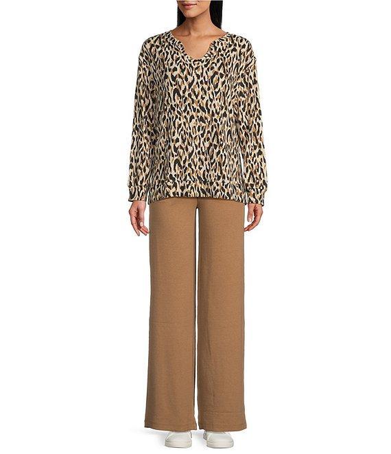 Westbound Leopard Print Notch Neck Long Sleeve Ribbed Top Product Image