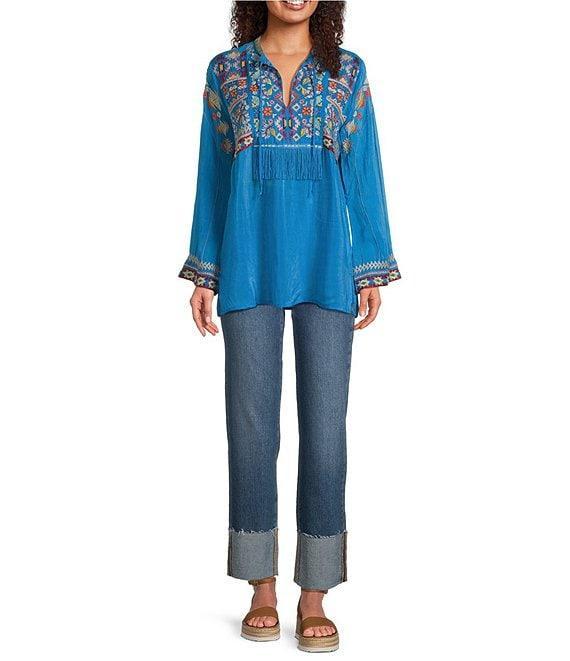 JOHNNY WAS Coriander Embroidered Cupro Split V-Neck Long Sleeve Tunic Product Image