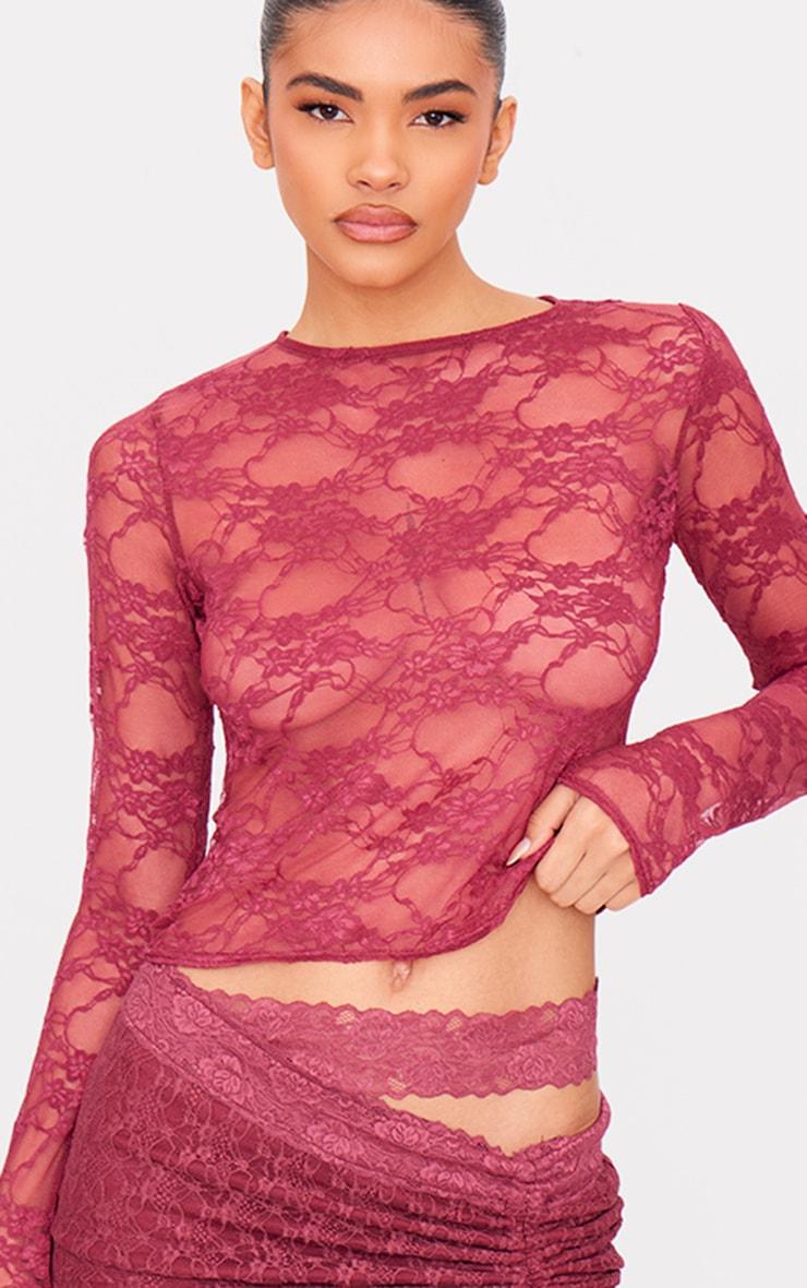 Burgundy Lace Long Sleeve Top Product Image