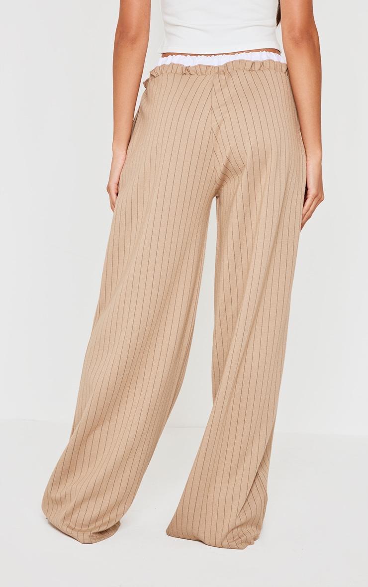 Beige Pinstripe Contrast Waistband Wide Leg Pants Product Image