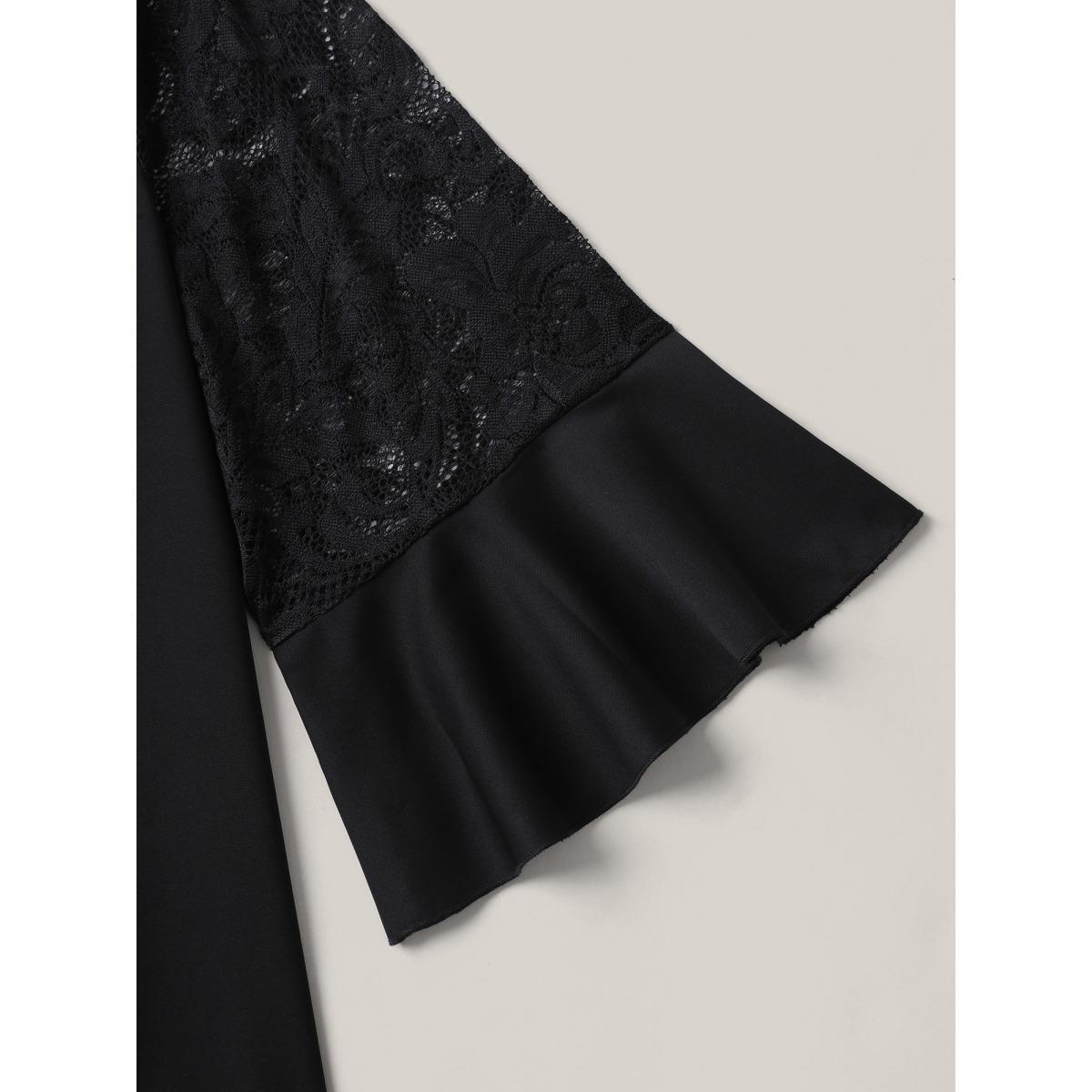 Plus Size Black Lace Sleeve Neck Tie Flared Blouse Women Elegant Elbow-length sleeve Round Neck Everyday Blouses BloomChic 18-20/2X Product Image