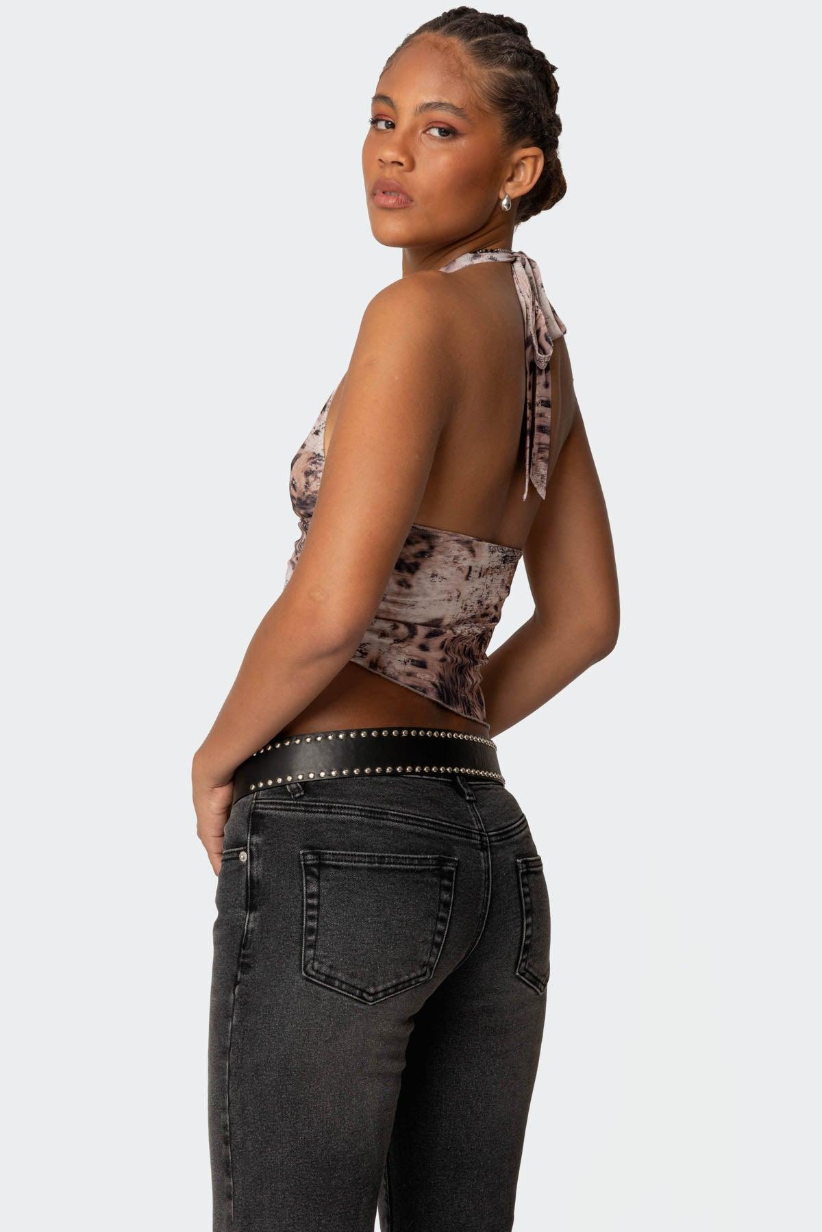 Leopard Mesh Asymmetric Halter Top Product Image