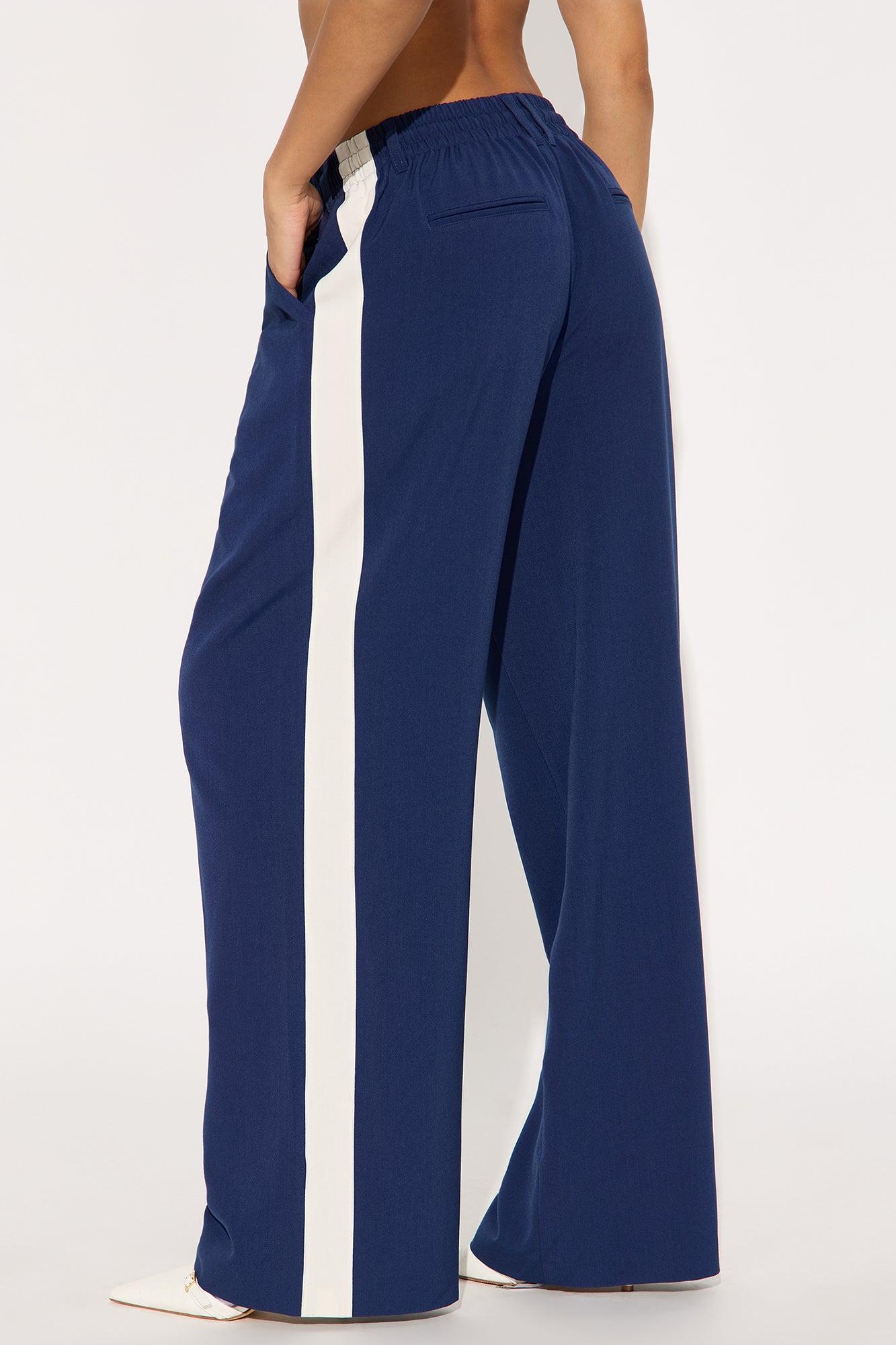 On Track Wide Leg Woven Side Stripe Pants - Navy Product Image