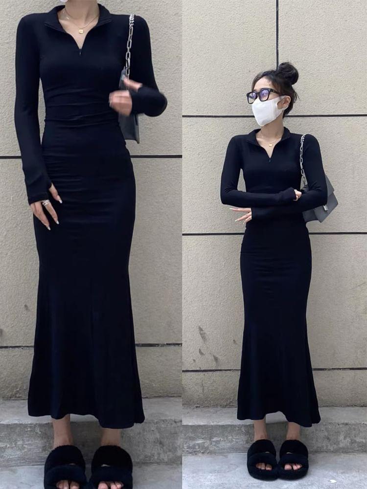 Long-Sleeve Plain Maxi Mermaid Dress Product Image