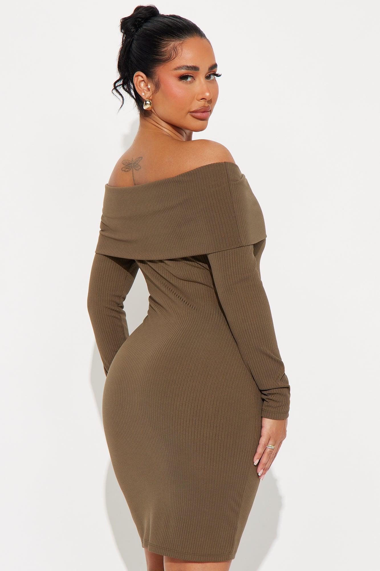 Marlow Ribbed Off Shoulder Mini Dress - Olive Product Image