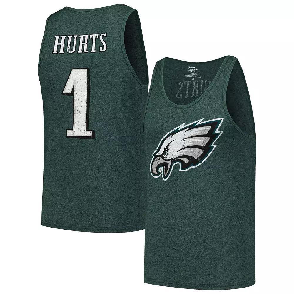 Men's Majestic Threads Jalen Hurts Midnight Green Philadelphia Eagles Player Name & Number Tri-Blend Tank Top,  Product Image