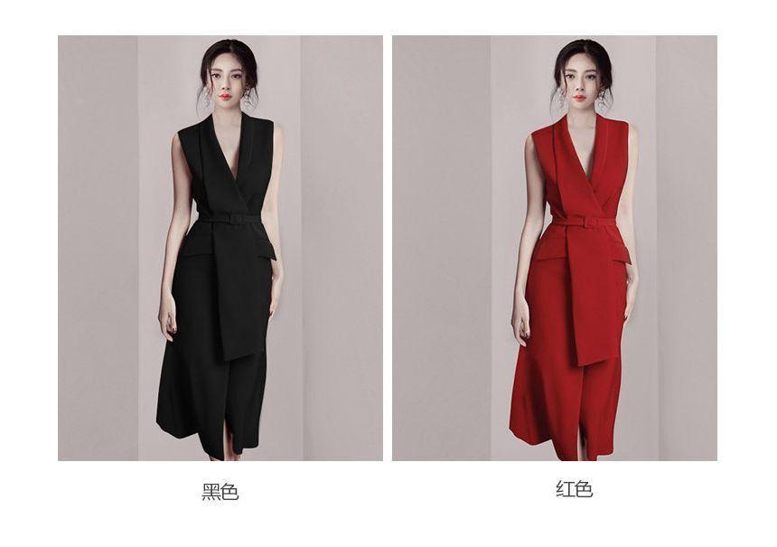 Sleeveless Asymmetrical Lapel Plain Belted Midi A-Line Dress Product Image