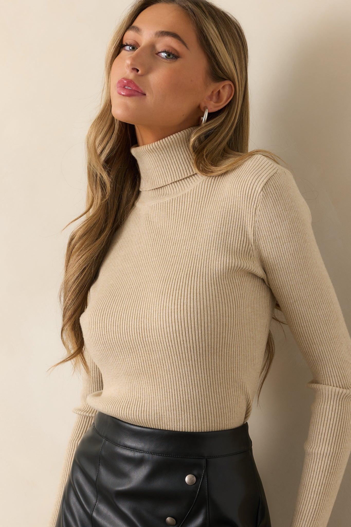 Let It Be Khaki Ribbed Long Sleeve Turtleneck Sweater Product Image