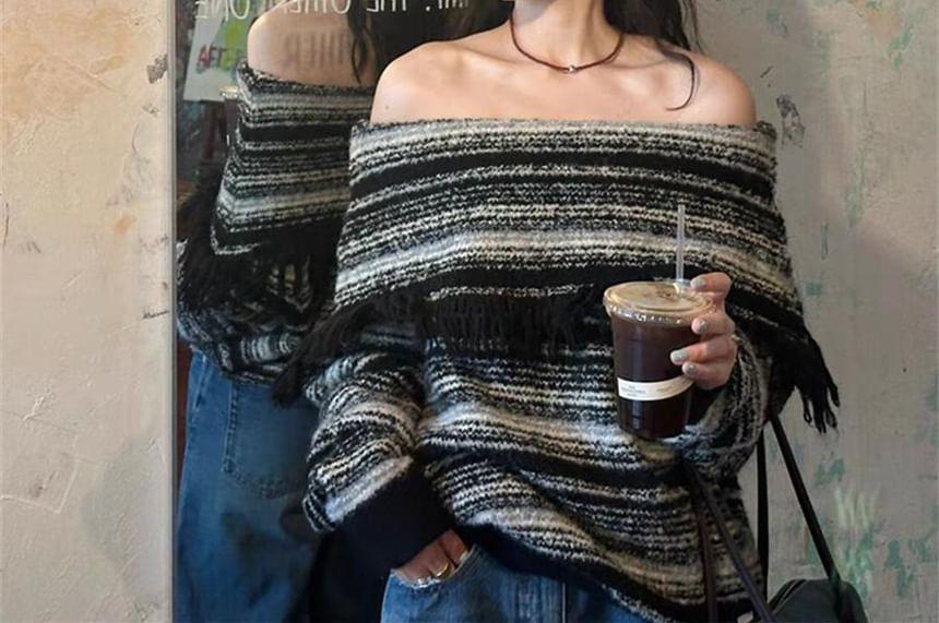 Off-Shoulder Striped Fringed Sweater Product Image