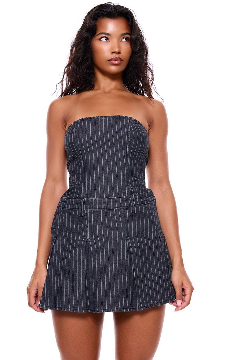 Navy Pinstripe Denim Pleated Bandeau Skater Dress Product Image