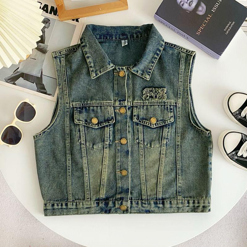 Washed Distressed Denim Single-Breasted Vest Product Image