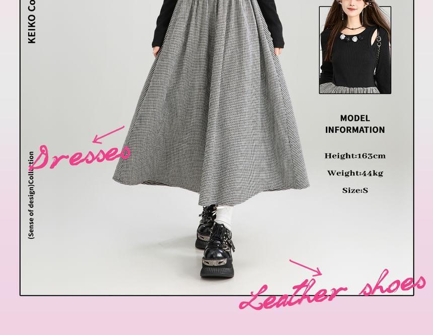 Long Sleeve Round Neck Cutout Plaid Panel Midi A-Line Dress Product Image