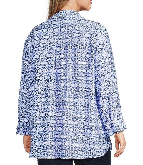 John Mark Plus Size Allover Ikat Print Point Collar 3/4 Sleeve Hi-Low Hem Button-Front Shirt Product Image