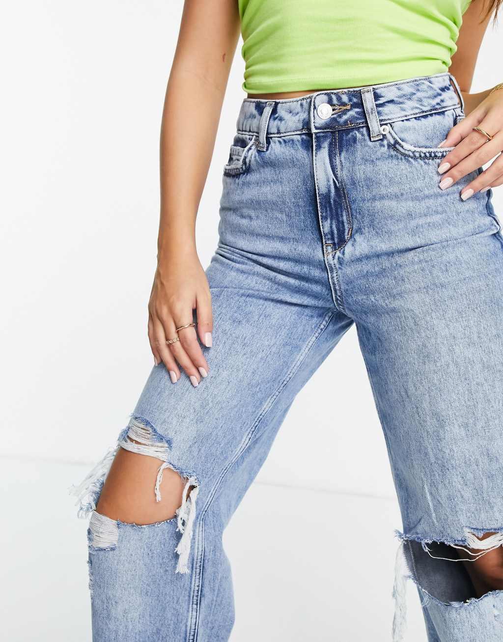 New Look Petite 90s ripped baggy jean in mid blue Product Image