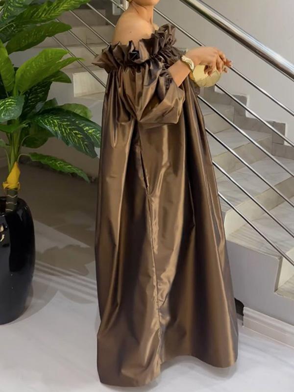 Loose Puff Sleeves Falbala Pleated Solid Color Off-The-Shoulder Maxi Dresses Product Image