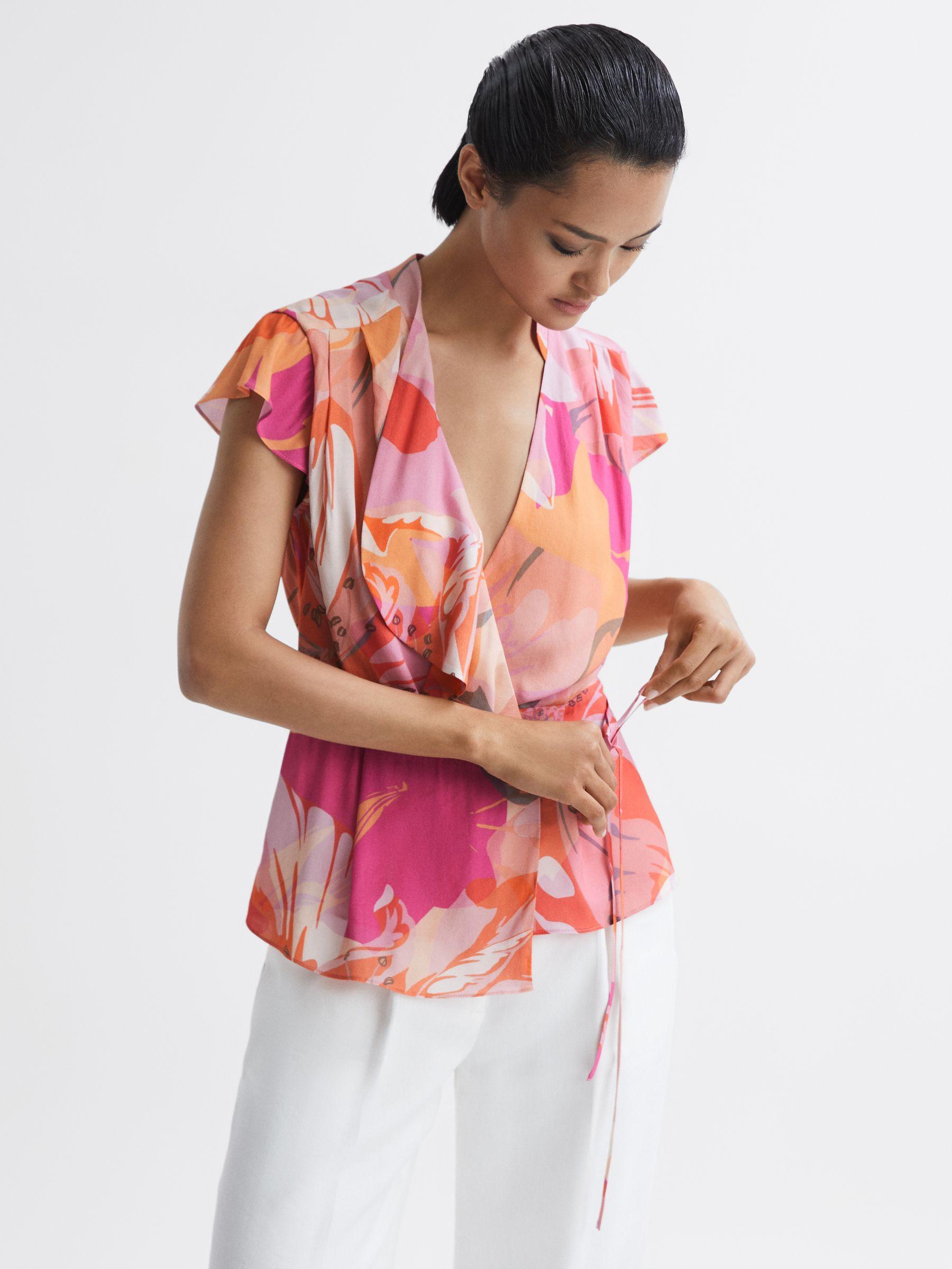 Tropical Print Wrap Blouse in Pink Product Image
