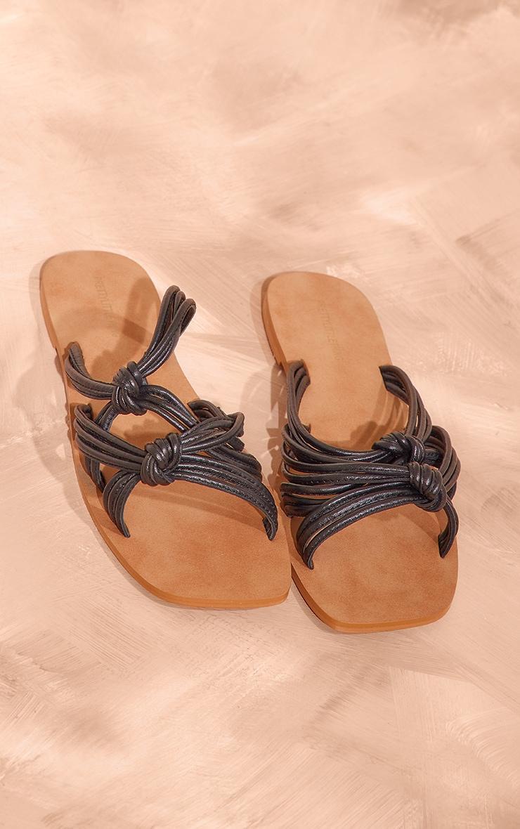 Black Real Leather Square Toe Knotted Strap Flat Sandals Product Image