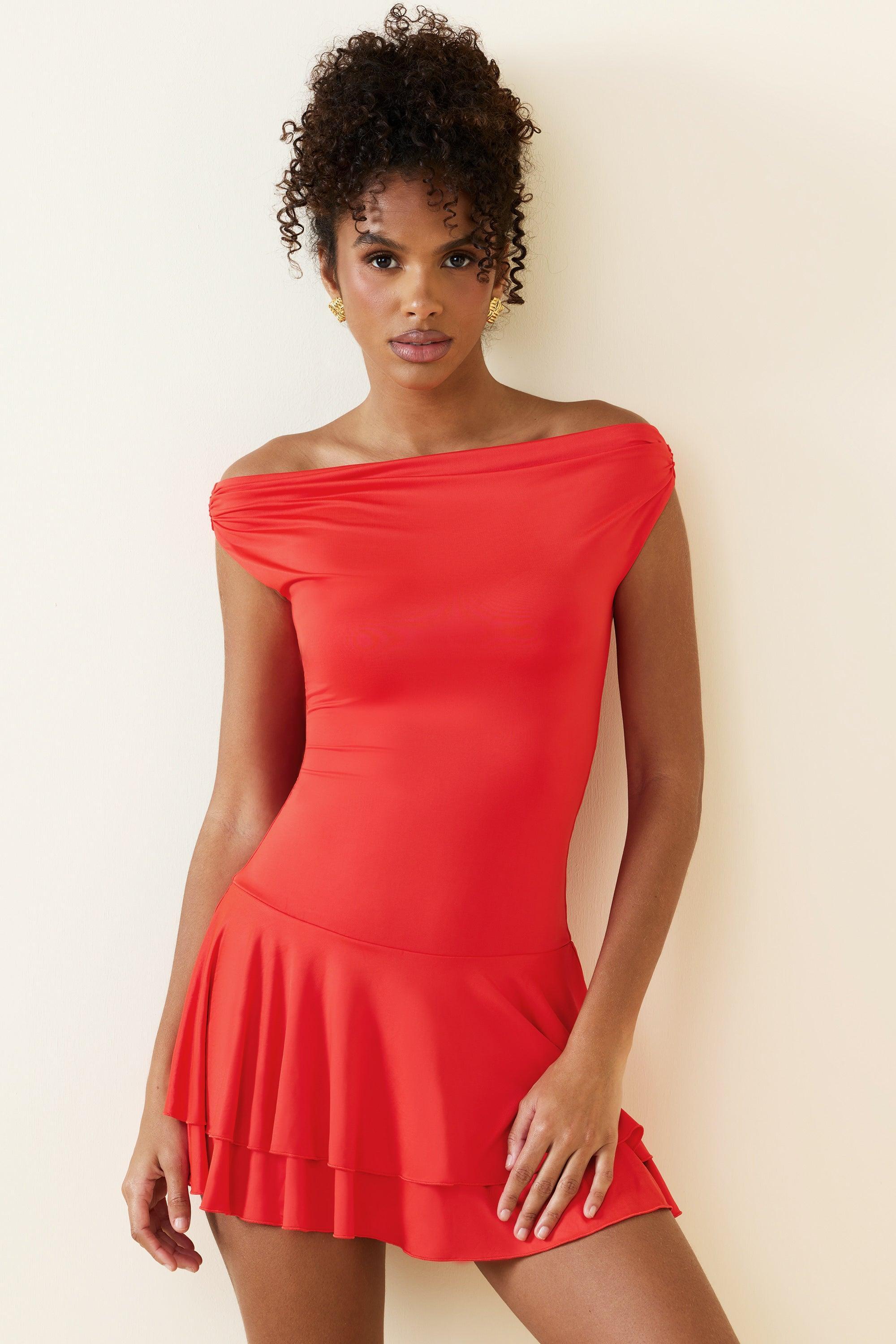 Off-Shoulder Ruffled Mini Dress in Scarlet Product Image