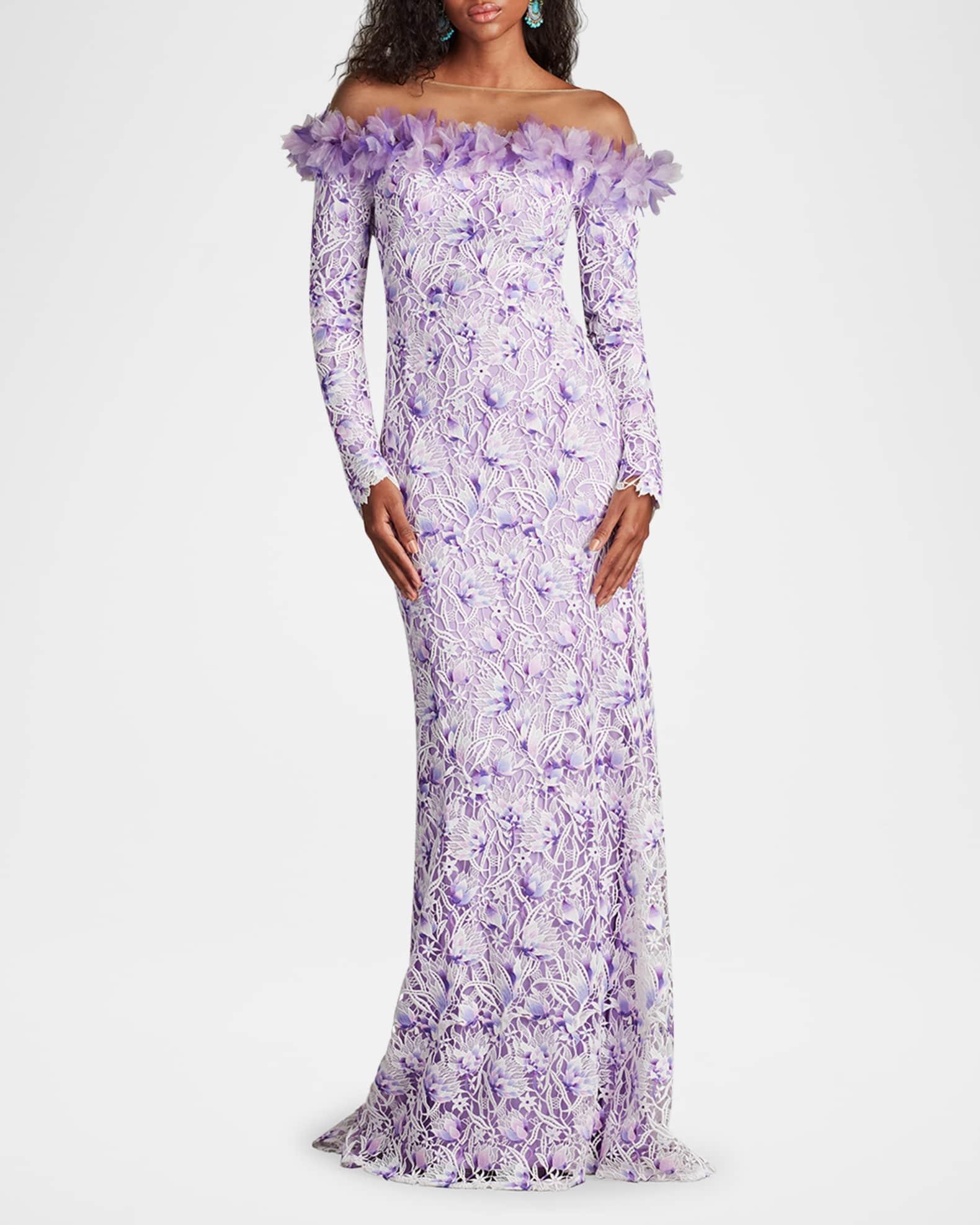 Off-Shoulder Illusion Floral Lace Gown Product Image