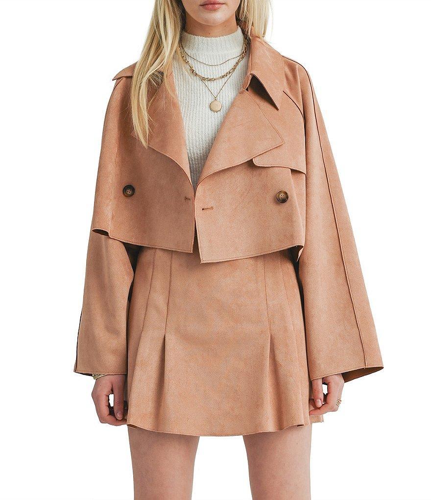 Sage The Label Nurture Vegan Suede Notch Collar Neck Long Sleeve Cropped Trench Coat Product Image