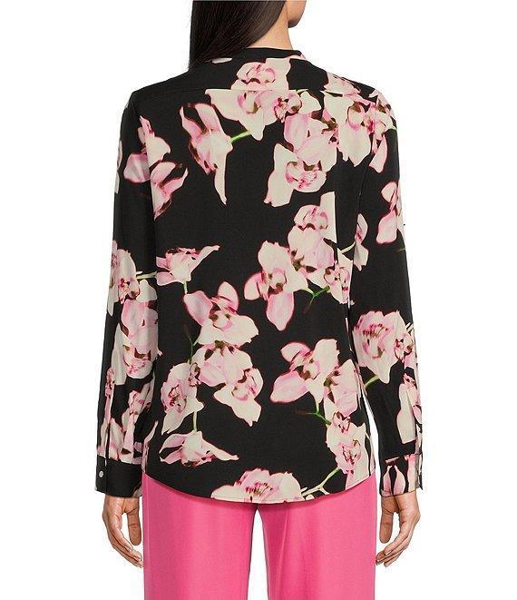 Calvin Klein Crew Neck Long Sleeve Stretch Woven Print Blouse Product Image