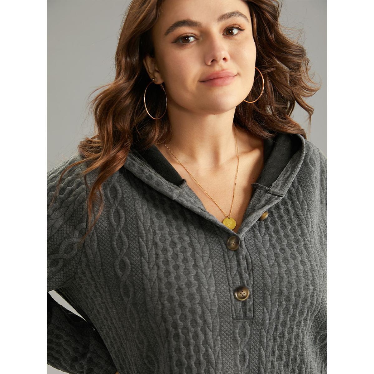 Plus Size Plisse Button Through Hooded Curved Hem Sweatshirt Women DimGray Casual Texture Hooded Everyday Sweatshirts BloomChic 26/4X Product Image