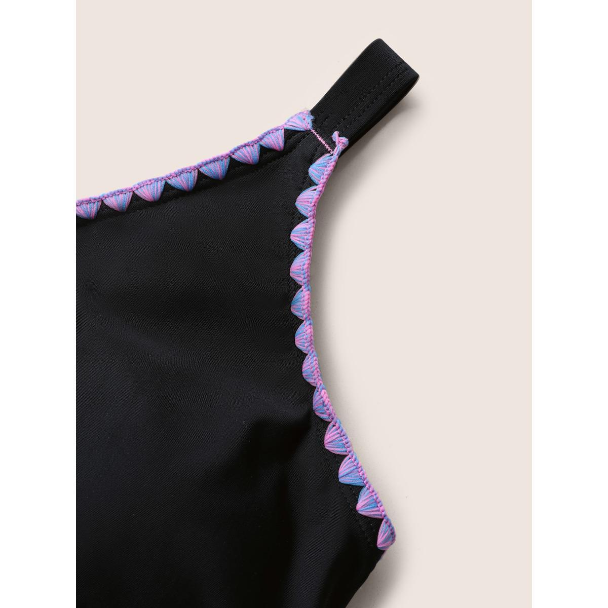 Plus Size Shell Stitch Hollow Out Warp Swim Top Women's Swimwear Black Beach Non High stretch Skinny V-neck Curve Swim Tops BloomChic 30/6X Product Image
