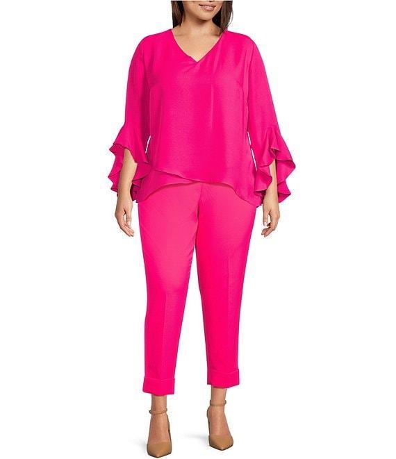 Vince Camuto Plus Size Luxe Crepe De Chine 3/4 Ruffle Sleeve V-Neck Crisscross Hem Tunic Product Image